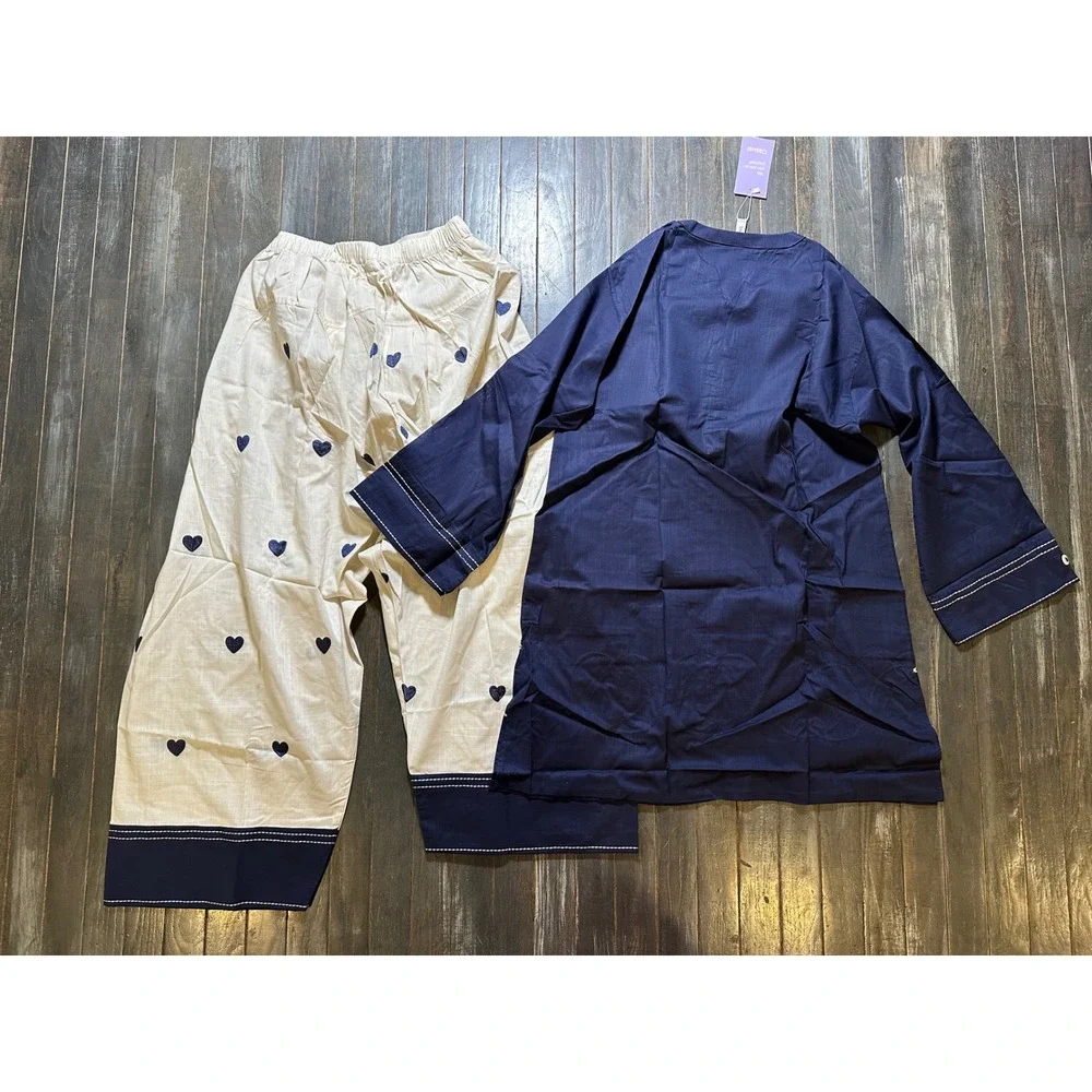 Ethnc 2 Piece Set Navy Blue Tunic Cream Heart Embroidered Pants Trousers